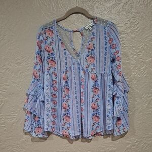 Crave Fame Blue Flutter Sleeve Ruffled Blouse